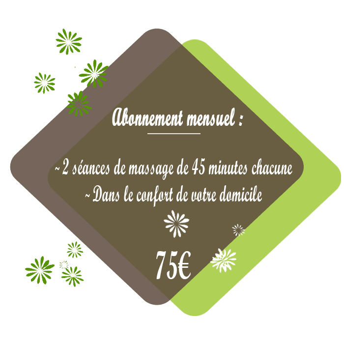 Offre abonnement mensuel pour un massage énergétique à domicile Offre d'abonnement mensuel qui comprend 2 séances massage énergétique à domicile 2 fois par mois
