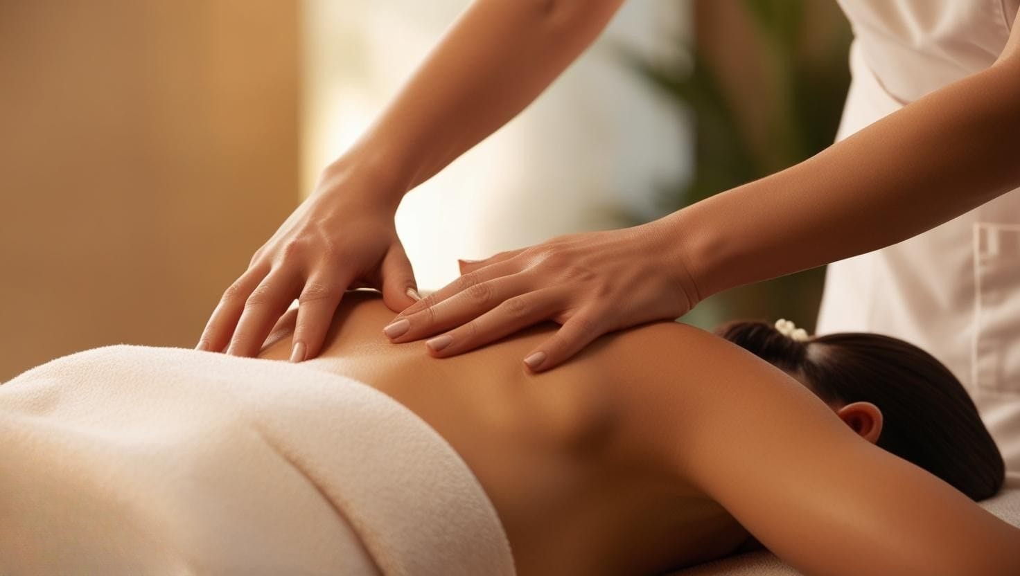 Photo représentant une femme allongée et apaisée sur une table de massage avec au dessus d'elle, deux mains qui font circuler de l'énergie du Reiki