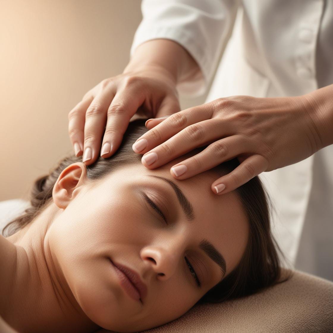 Seance de massage d'acupression avec les mains de la praticienne sur la tete d'une patiente