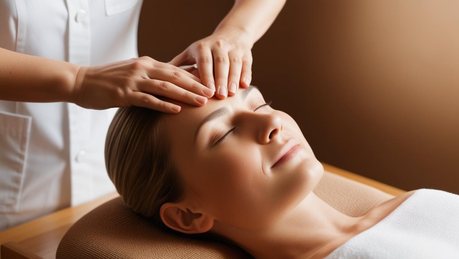 Seance de massage d'acupression avec les mains de la praticienne sur la tete d'une patiente