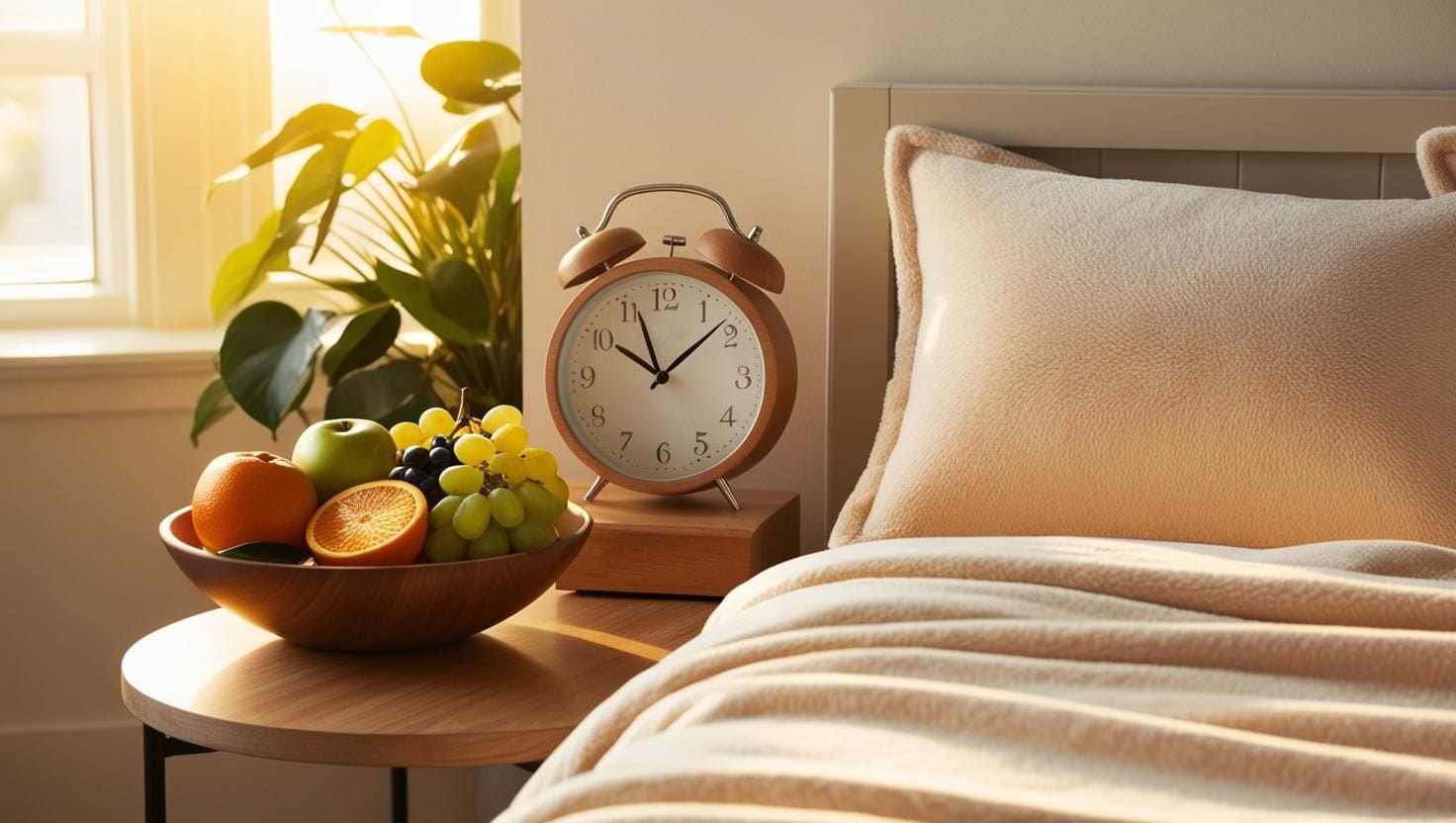 Lit, corbeille de fruits frais et réveil sur une table de chevet avec le soleil qui rentre par la fenêtre pour évoquer le matin et la routine bien-être